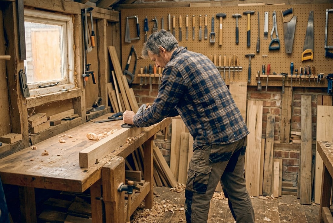 Handwerker in seiner Werkstatt mit Werkzeugwand – Websites, die für Handwerksbetriebe einfach gut funktionieren.