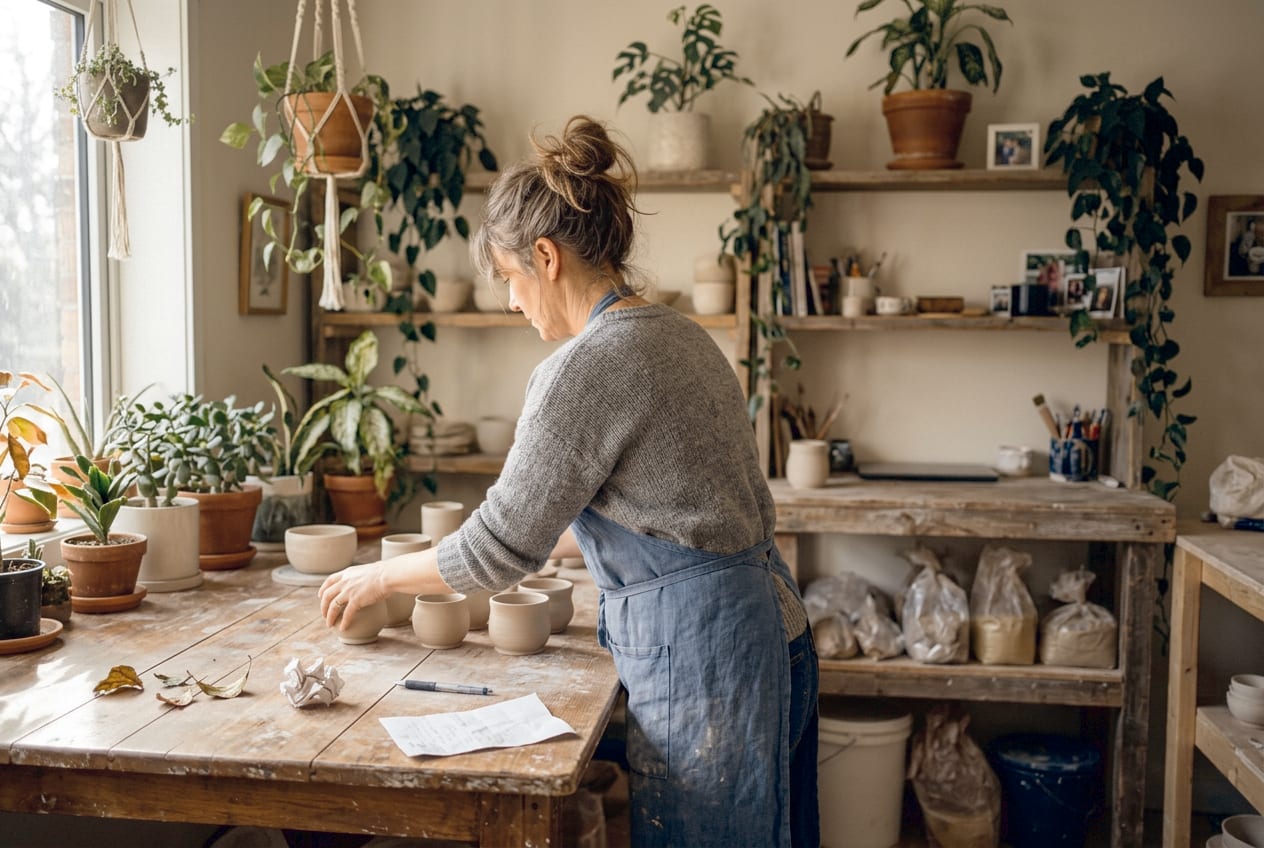 Selbstständige in ihrem Studio bei der Arbeit – KEIN HECKMECK baut Websites für lokale Anbieter.
