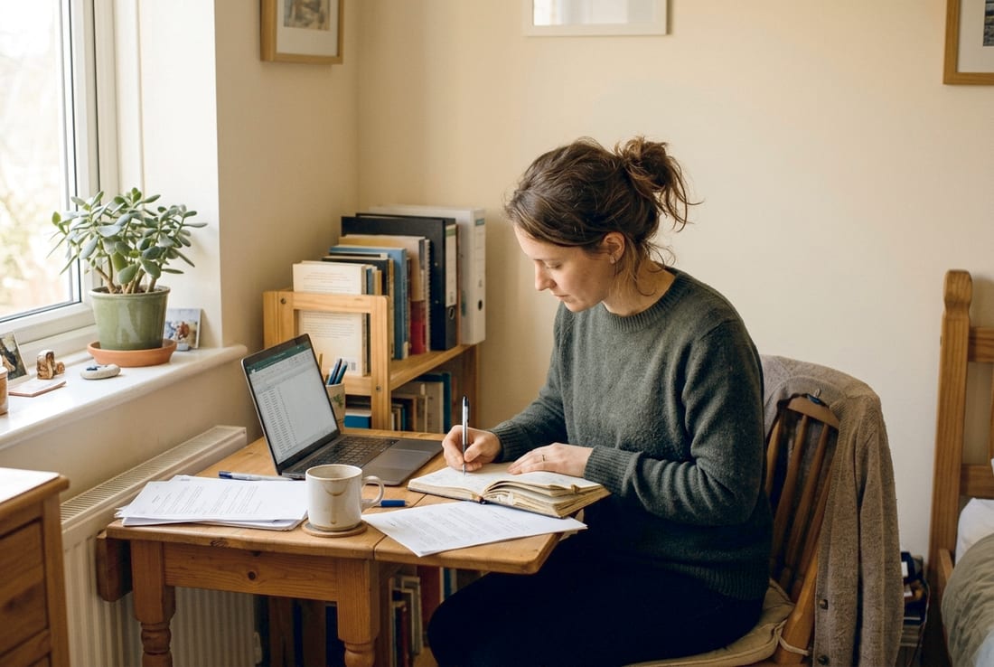 Person plant am Schreibtisch mit Notizen und Laptop – klare Pakete und faire Orientierung.