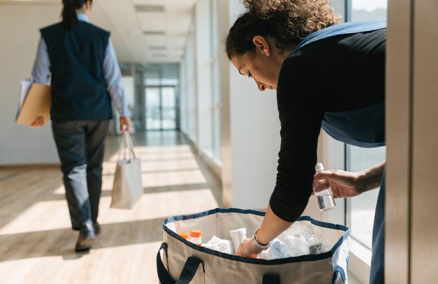 Pflegekraft mit Versorgungstasche in einem hellen Flur, vertrauenswürdige Websites für Pflege und Gesundheitsberufe.