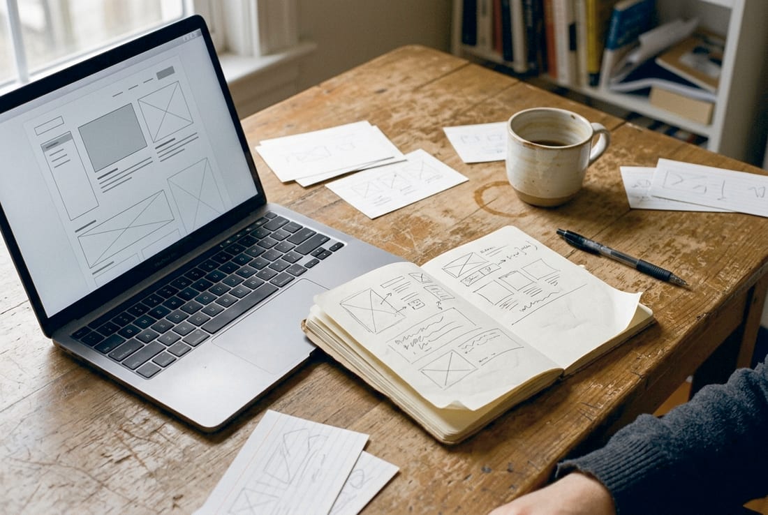 Laptop mit Website-Wireframe und Skizzen auf Papier – Website erstellen lassen ohne kompliziertes Projekt.